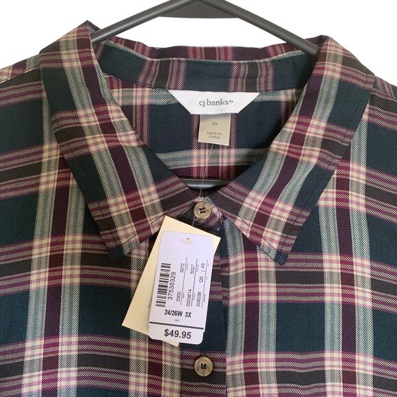 CJ Banks NWT Dark Green/Burgundy Plaid Button Up - Picture 5 of 10